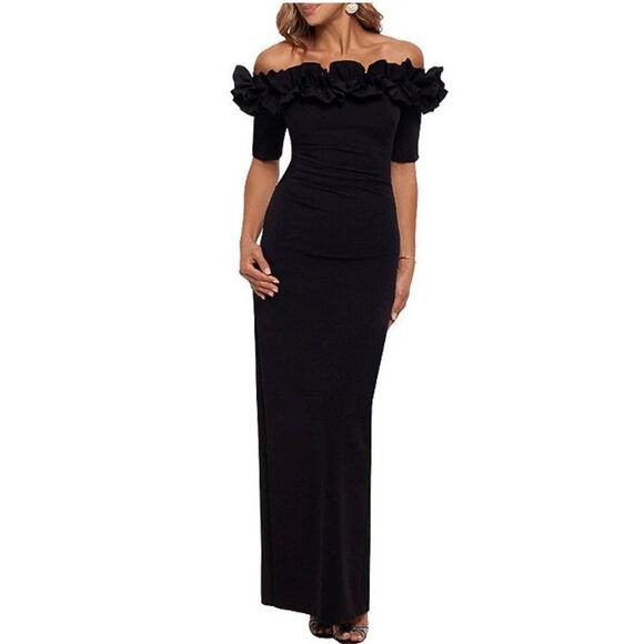 Xscape Dresses & Skirts - Xscape Women's Scuba Crepe Ruffled Off-the-Shoulder Gown Black Size 12 NWT